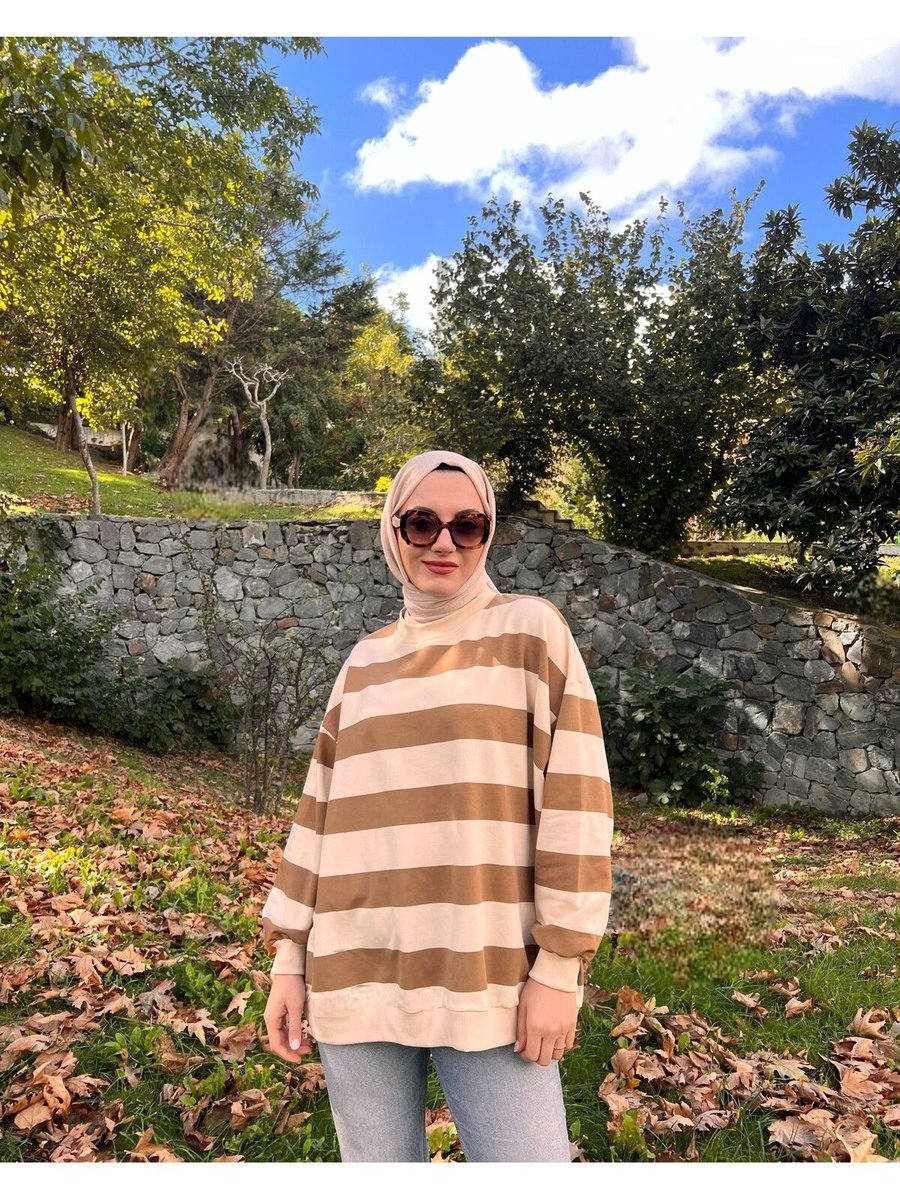 Belle Boutıque Krem Beyaz Çizgili Örme Tesettür Sweatshirt
