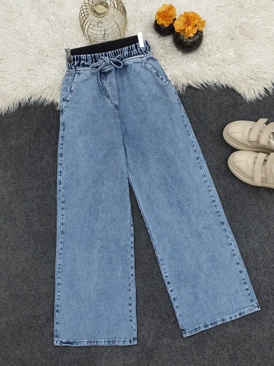 Hijabaya Beli Bağlamalı Bol Paça Cepli Kot Pantolon