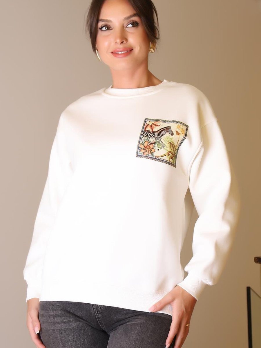 Mint Ekru Zebra Baskılı Taşlı Sweatshirt