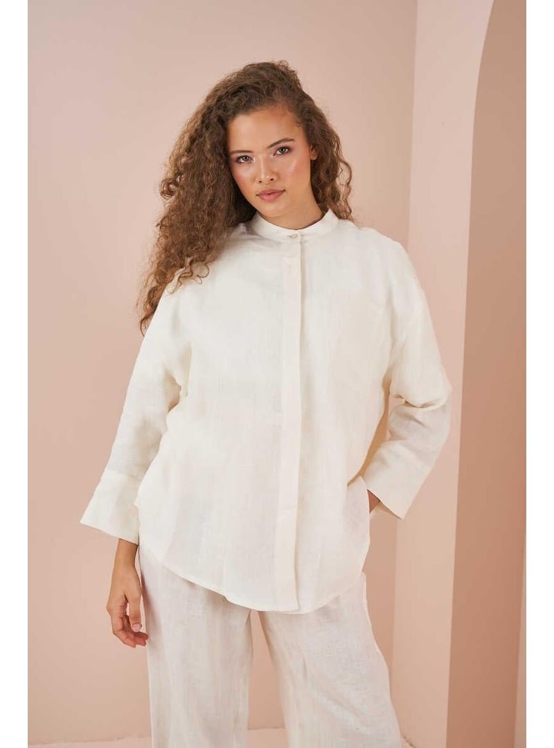 Mevra Ekru Oversize Ceket Tunik Keten