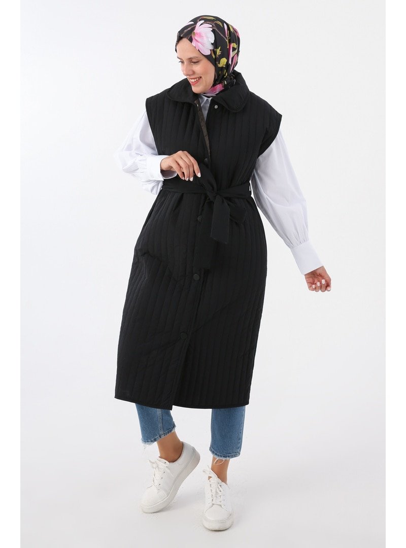 Allday Siyah Oversize Çıtçıtlı Dikey Çizgi Uzun Kapitone Yelek