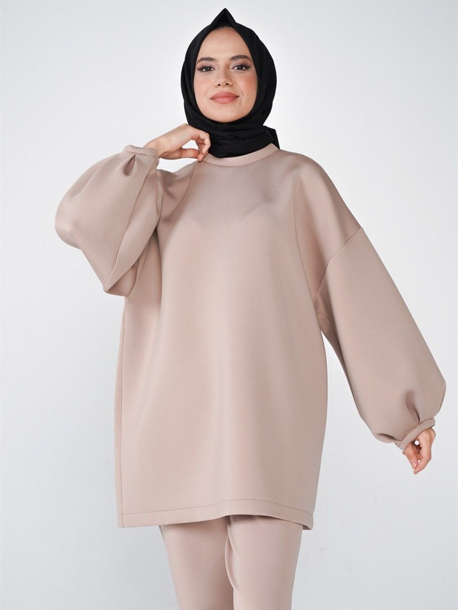 Thesetthur Scuba Kumaş Balon Kol Bisiklet Yaka Bubble Basic Tunik Vizon