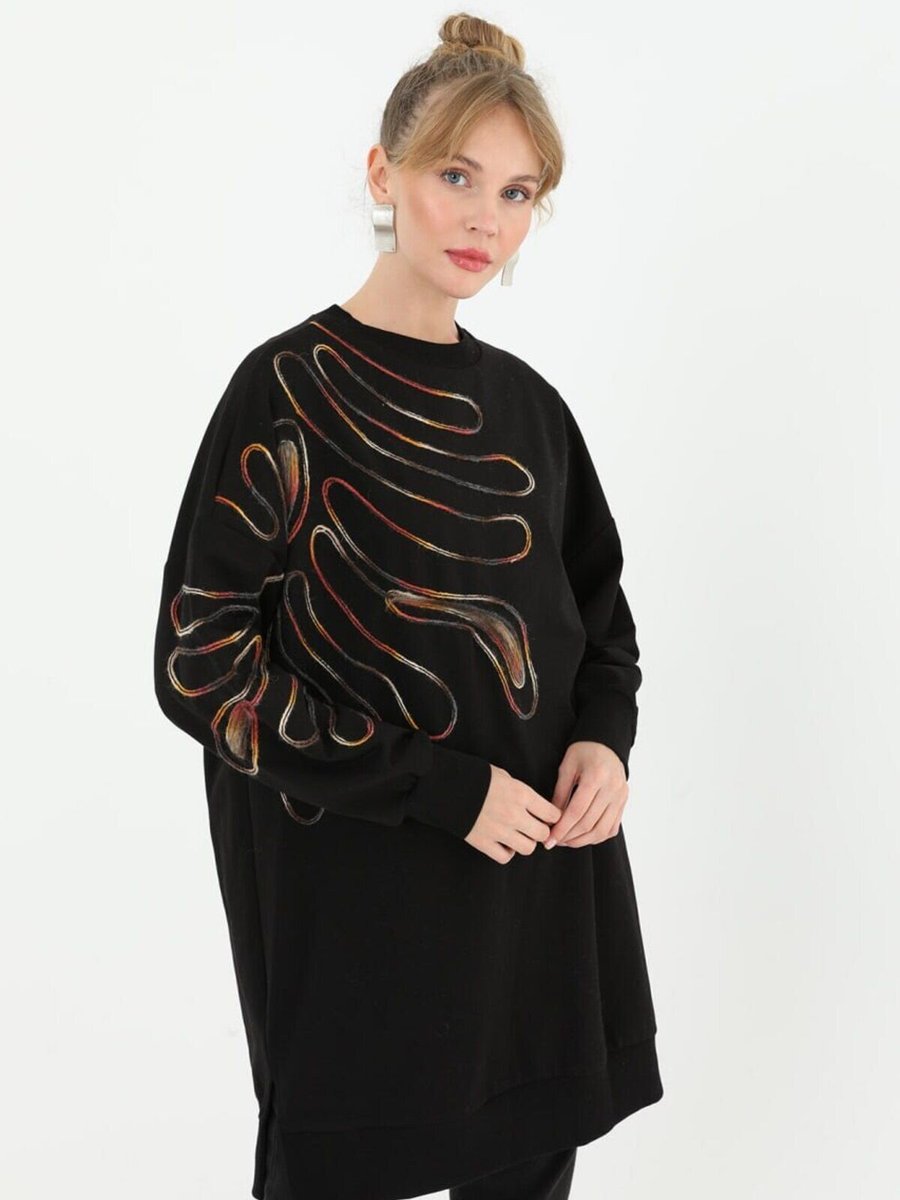 Puane Siyah İki İplik Kumaş Örgü Desenli Sweatshirt