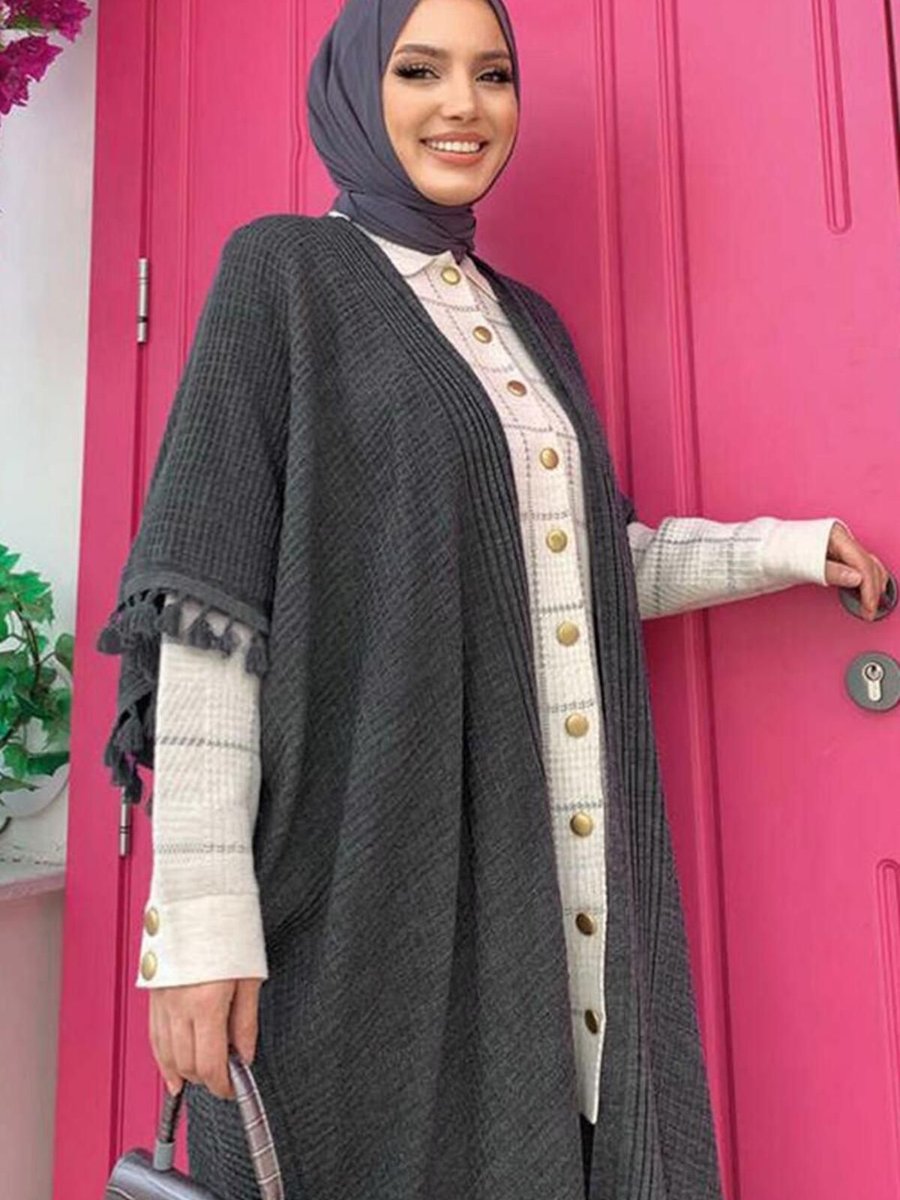 Trendtesettür Kadın Gri (füme) Püskül Detaylı Triko Hırka T