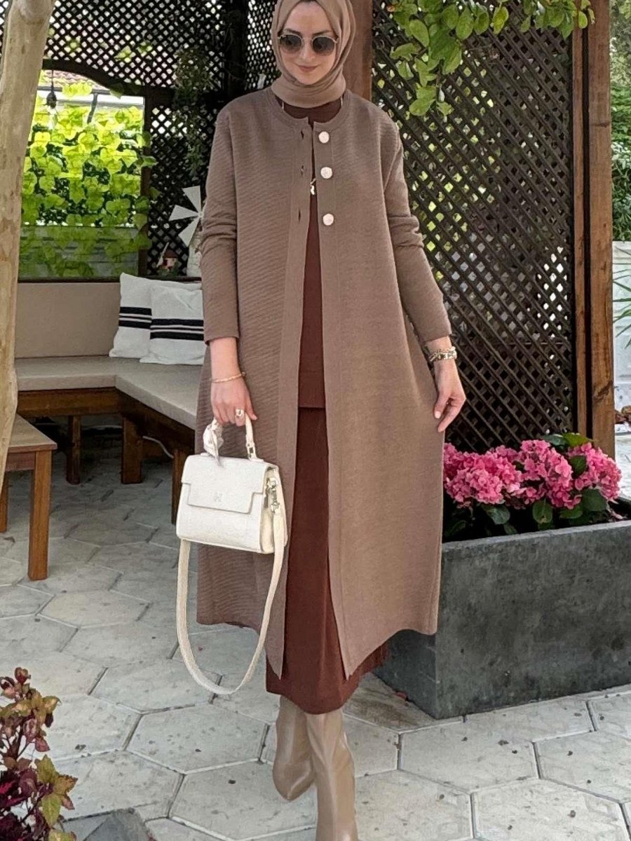 Rabia Şamlı Sinem Çelik Örme Triko Hırka Sütlü Kahve