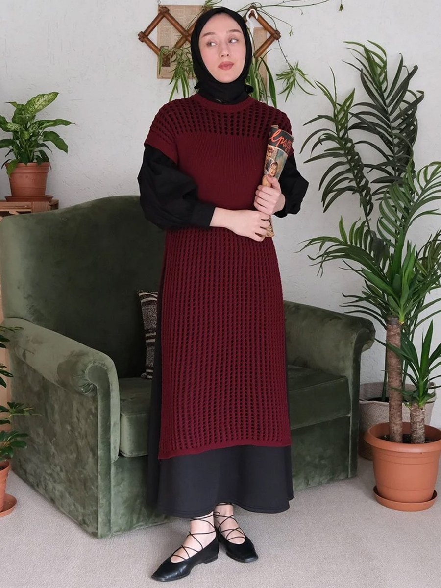 Ceylan Otantik Bordo File Triko Tunik