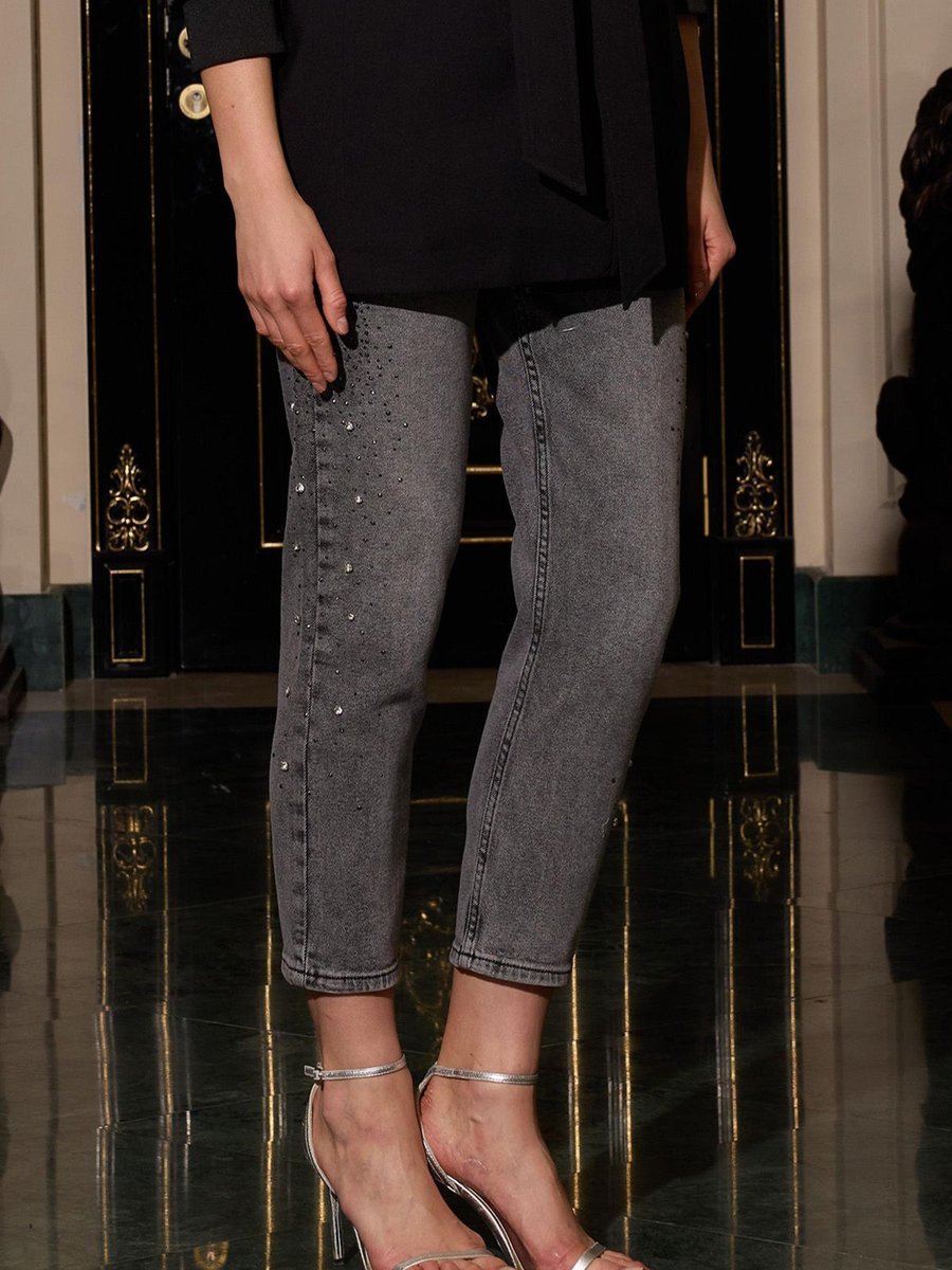 Lale Butik Missemramiss Taşlı Mom Jean Denim Pantolon Antrasit