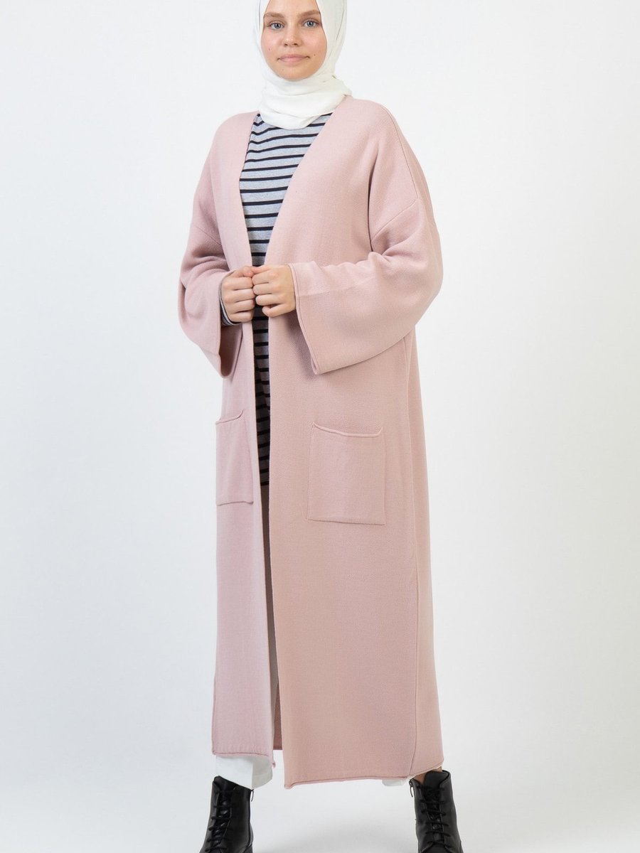 İlmek Pudra Kışlık Kimono Kol Cepli V Yaka Hırka