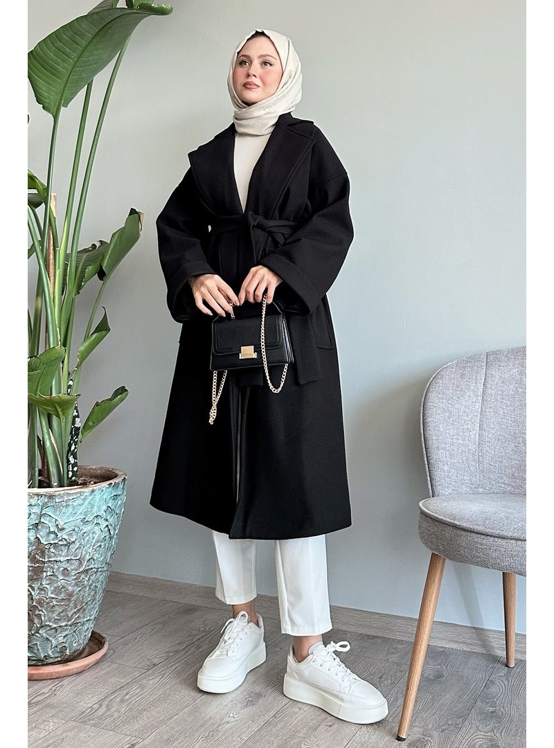 InStyle Kruvaze Geniş Kol Siyah Kaşe Kaban
