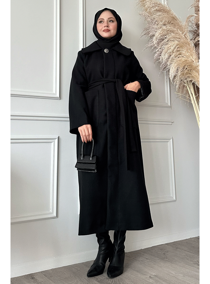 InStyle Kuşaklı Gizli Patlı Siyah Kaban