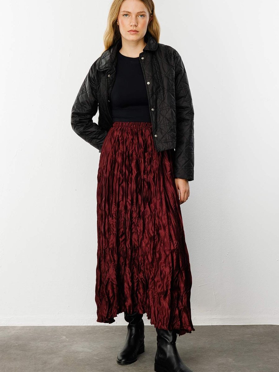 Hooopstore Pile Kırınkıl Bordo Saten Etek