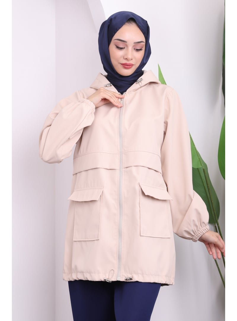 İmaj Butik Taş Kapüşonlu Fermuarlı Kısa Trenç