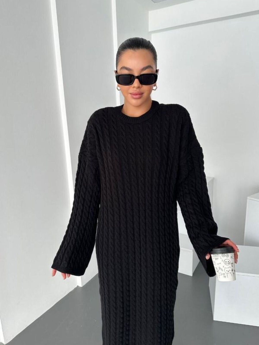 SFG Life Moda Siyah Saç Örgülü Uzun Kollu Ve Bisiklet Yaka Triko Elbise