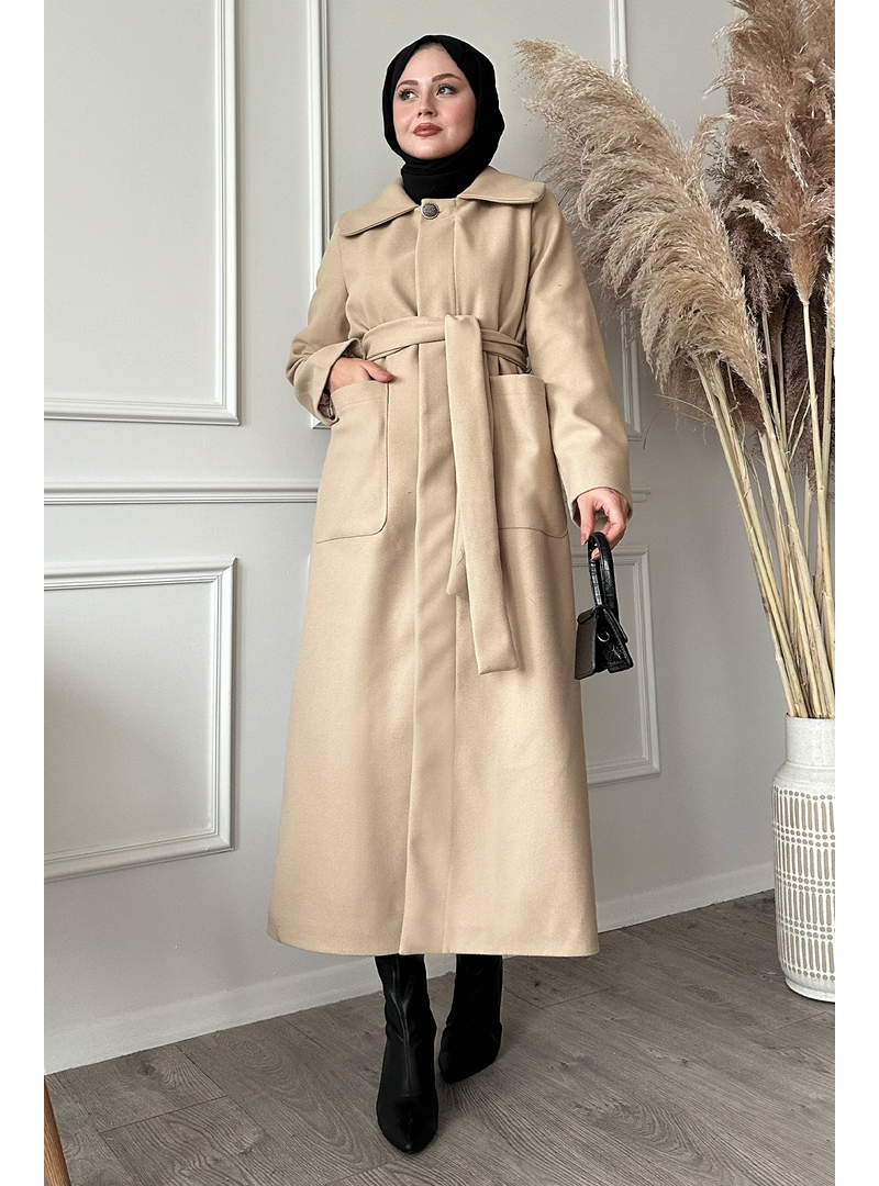 InStyle Kuşaklı Gizli Patlı Bej Kaban