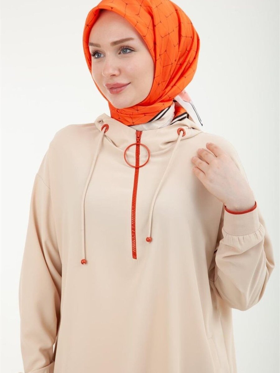 Armine Trend Kapüşonlu Yarım Fermuarlı Bej Tunik