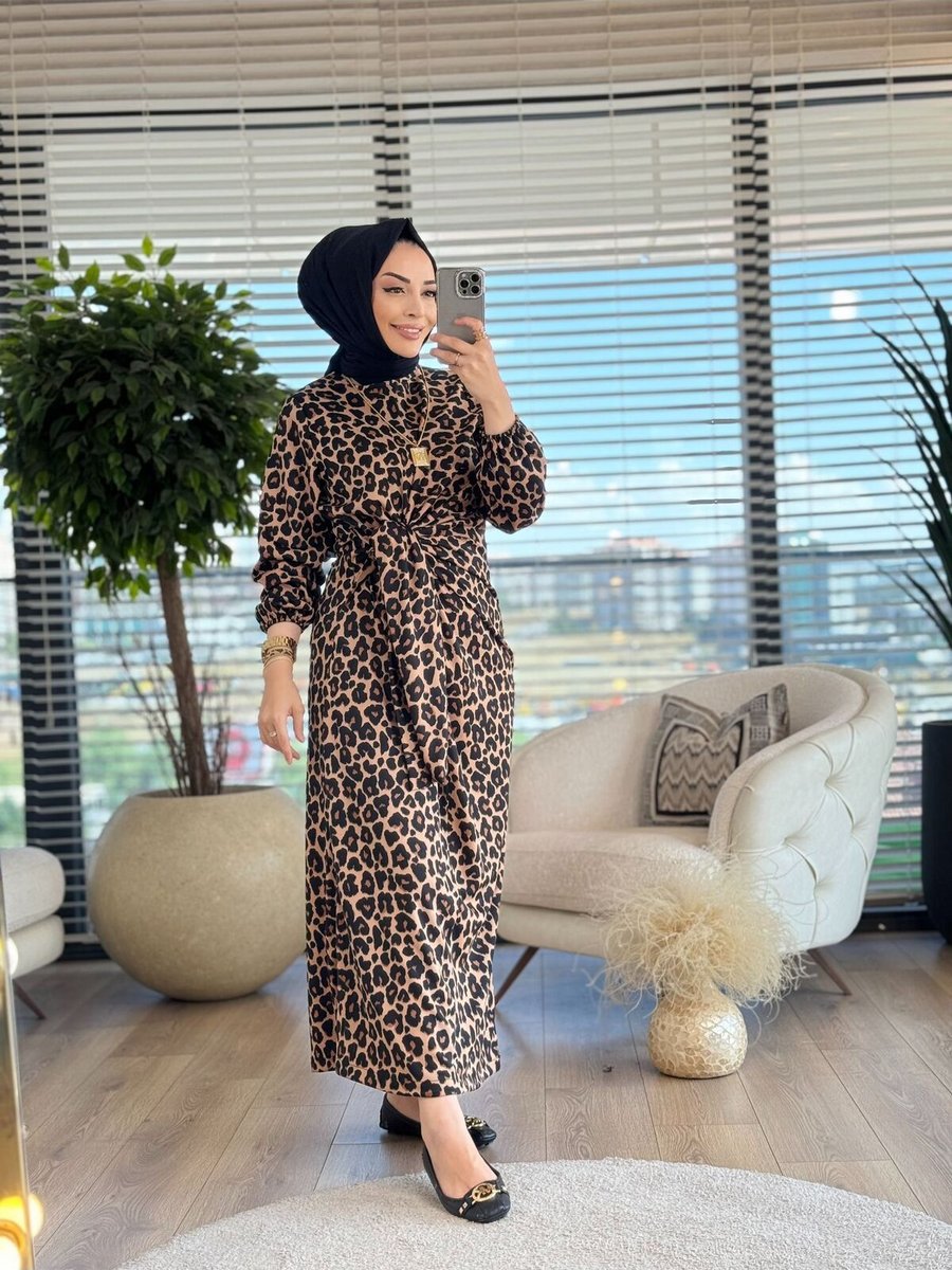 Alanurmoda Leopar Desen Yandan Bağlamalı Elbis