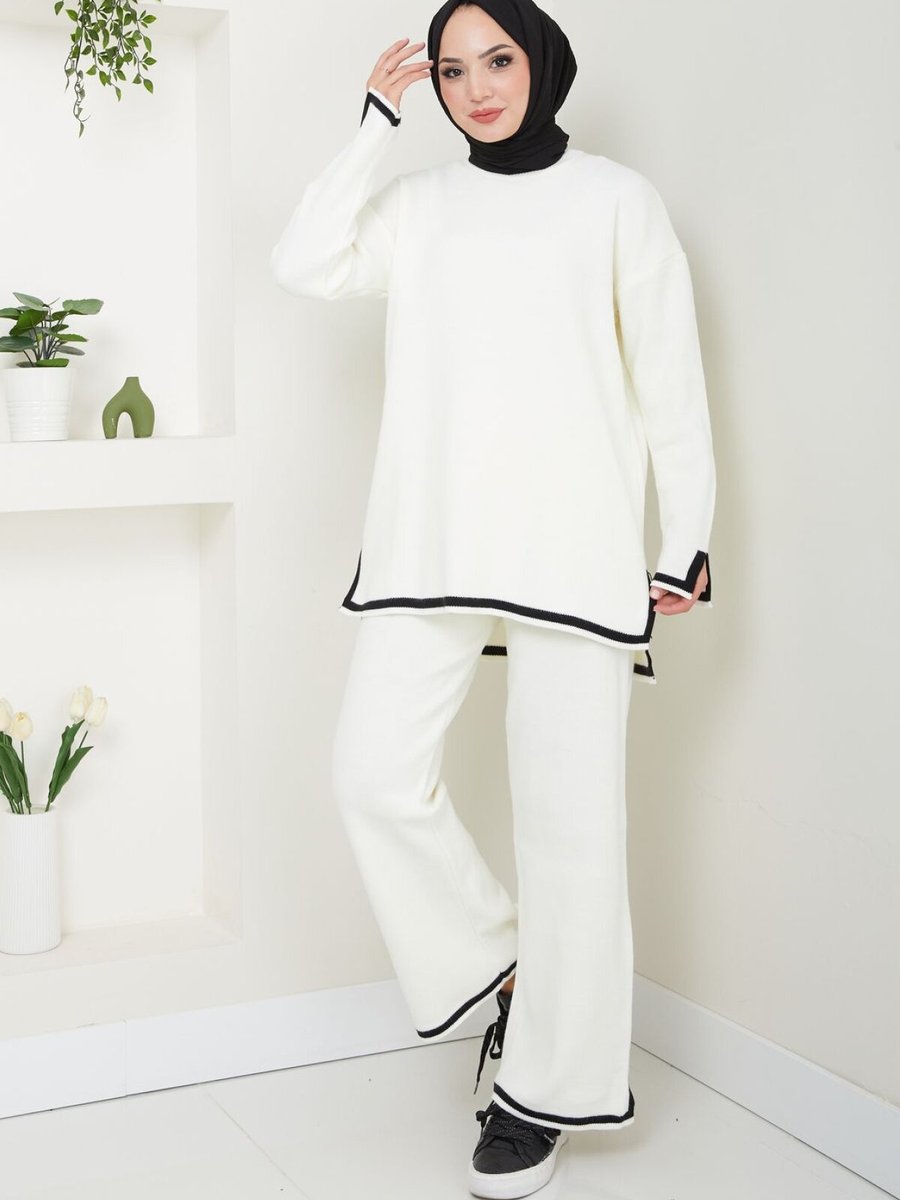 VOLT CLOTHİNG Beyaz Şeritli Pantolonlu Triko Takım