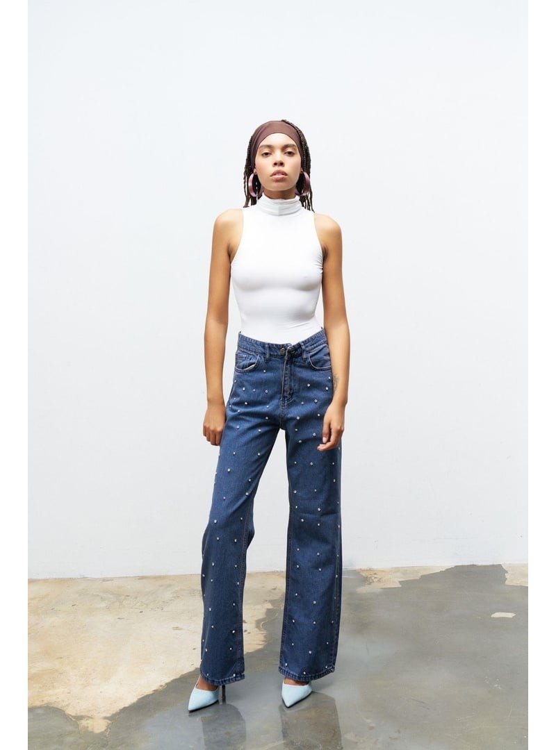 BASICPARK Mavi Önü Taş Detaylı Cotton Wide Leg Denim