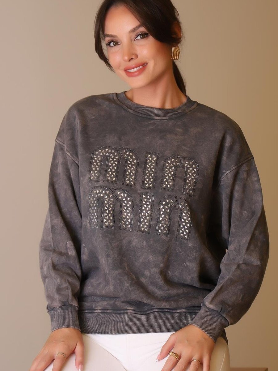 Mint Antrasit Uzun Kollu Taş İşlemeli Sweatshirt