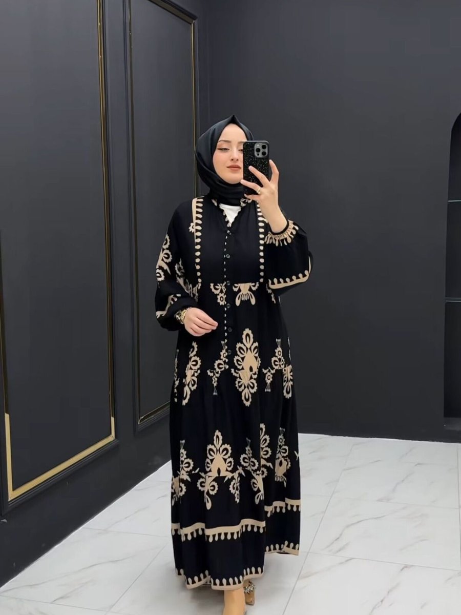 Allpanic Moda Viskon Kumaş Bol Kalıp Tesettür Elbise Hürrem Desenli