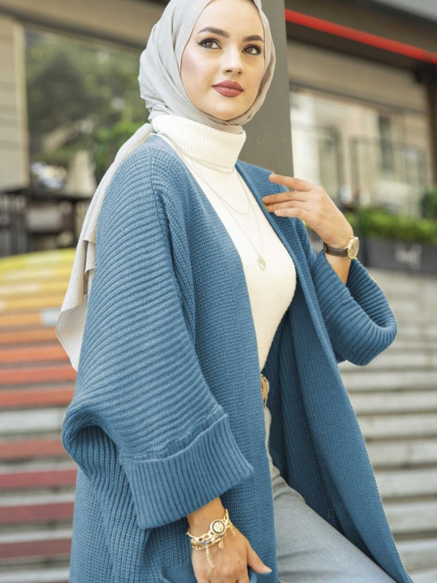 Bestenur Eftalya Çift Cepli Uzun Triko Hırka Mavi