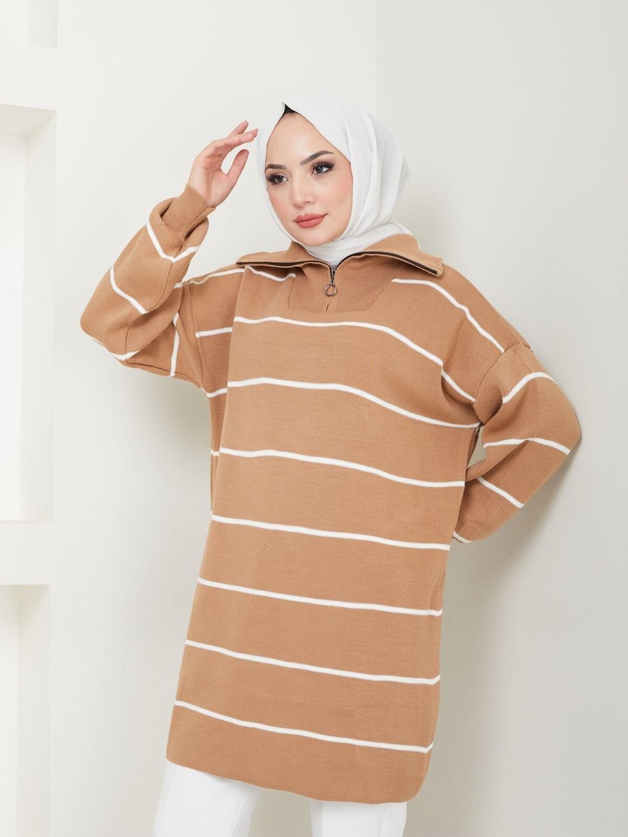 VOLT CLOTHİNG Vizon Çizgili Fermuarlı Triko Tunik