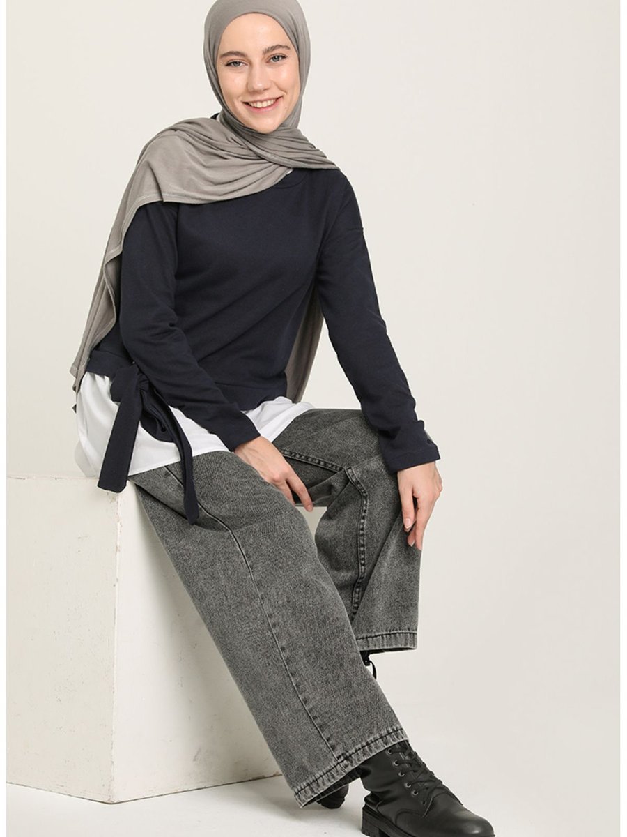Sefamerve Gömlek Garnili Sweatshirt Lacivert Beyaz