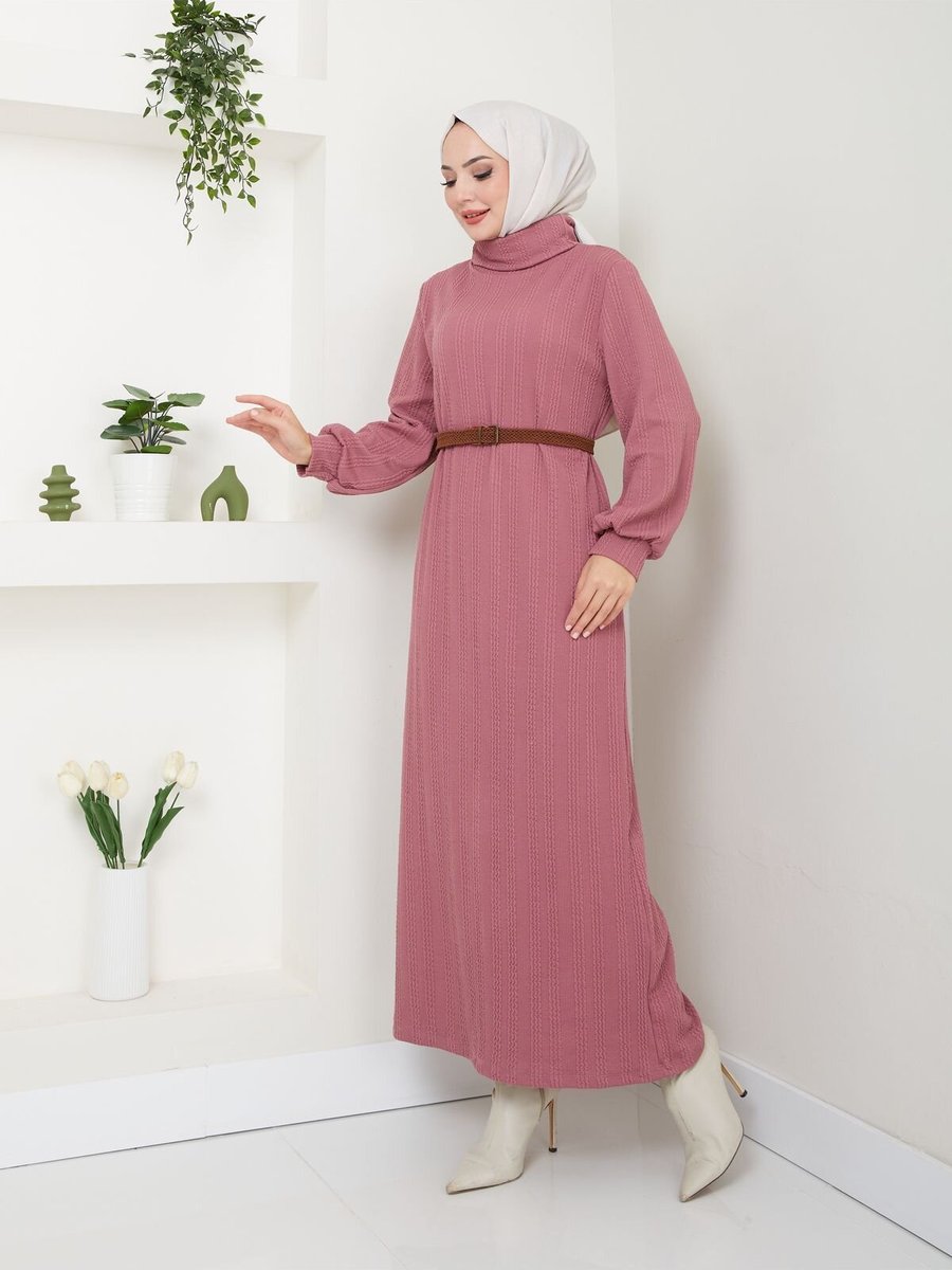 VOLT CLOTHİNG Pudra Kemerli Balıkçı Yaka Elbise