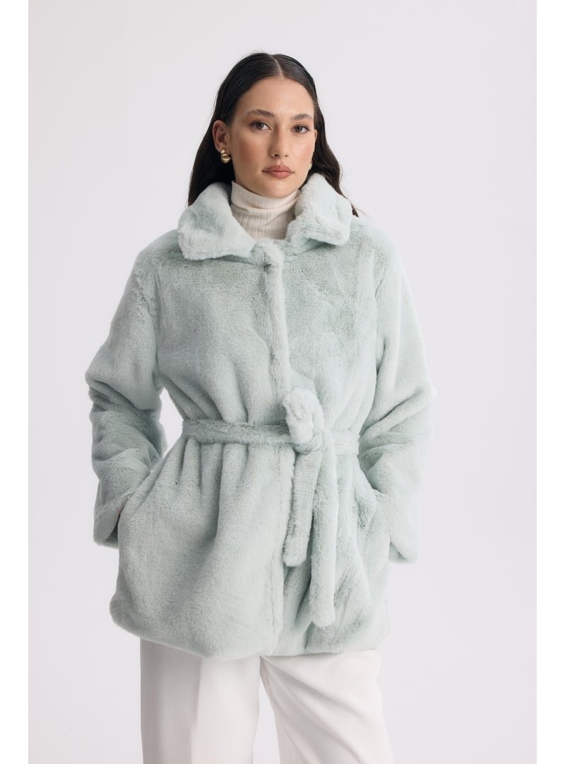 AHEL Mint Destini Kuşaklı Peluş Ceket