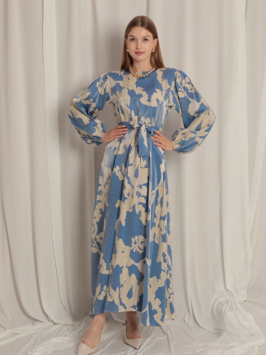 Butik Parlak Büyük Desen Kumaş Abiye Elbise