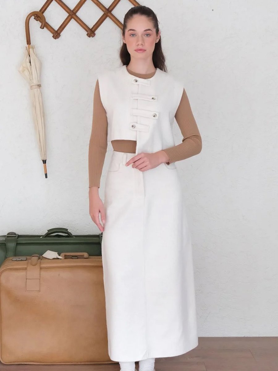 Ceylan Otantik Ekru Çapraz Düğmeli Vintage Yelek