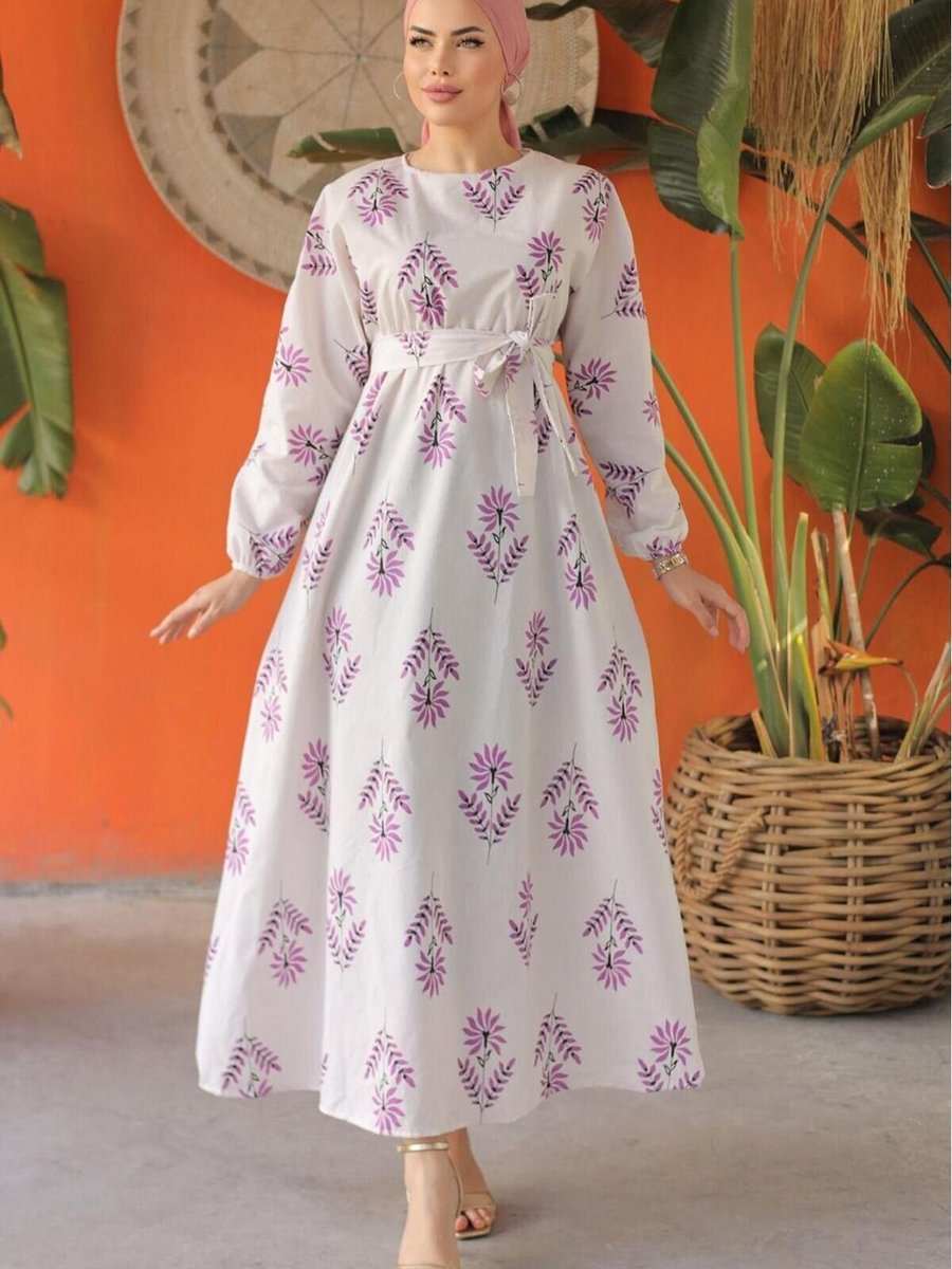 Nergis Neva Butik Lila Keten Desenli Kemerli Elbise