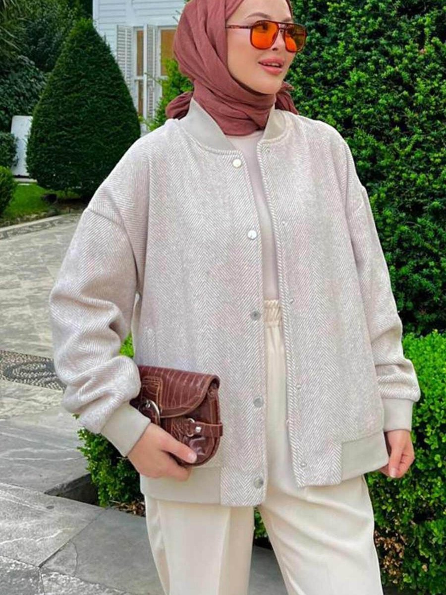 Neva Style Düğmeli Bej Bomber Ceket