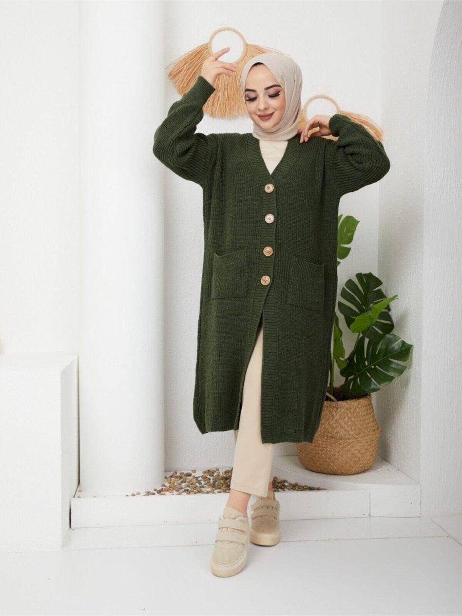 Pamuk Butik Düğmeli Cepli Triko Salaş Hırka