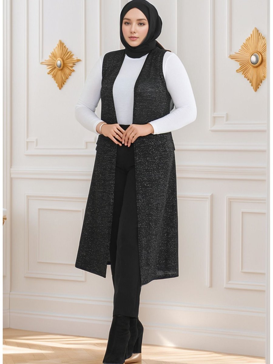 Respiro Simli Uzun Siyah Rahat Kesim Dökümlü Yumuşacık Mevsimlik Yelek(açıklamayı Okuyunuz)