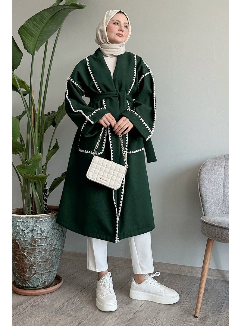 InStyle Çoban Dikiş Kuşaklı Zümrüt Kaşe Kaban