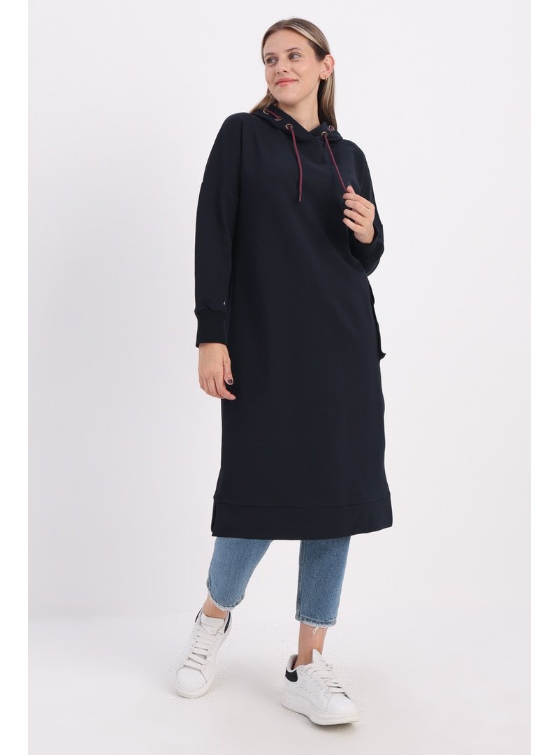 Allday Lacivert Tek Cepli Nakışlı Kapüşonlu Sweat Tunik
