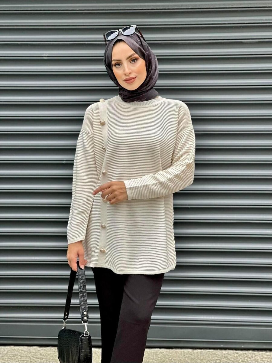 Nergis Neva Butik Bej Top Düğmeli Triko Tunik