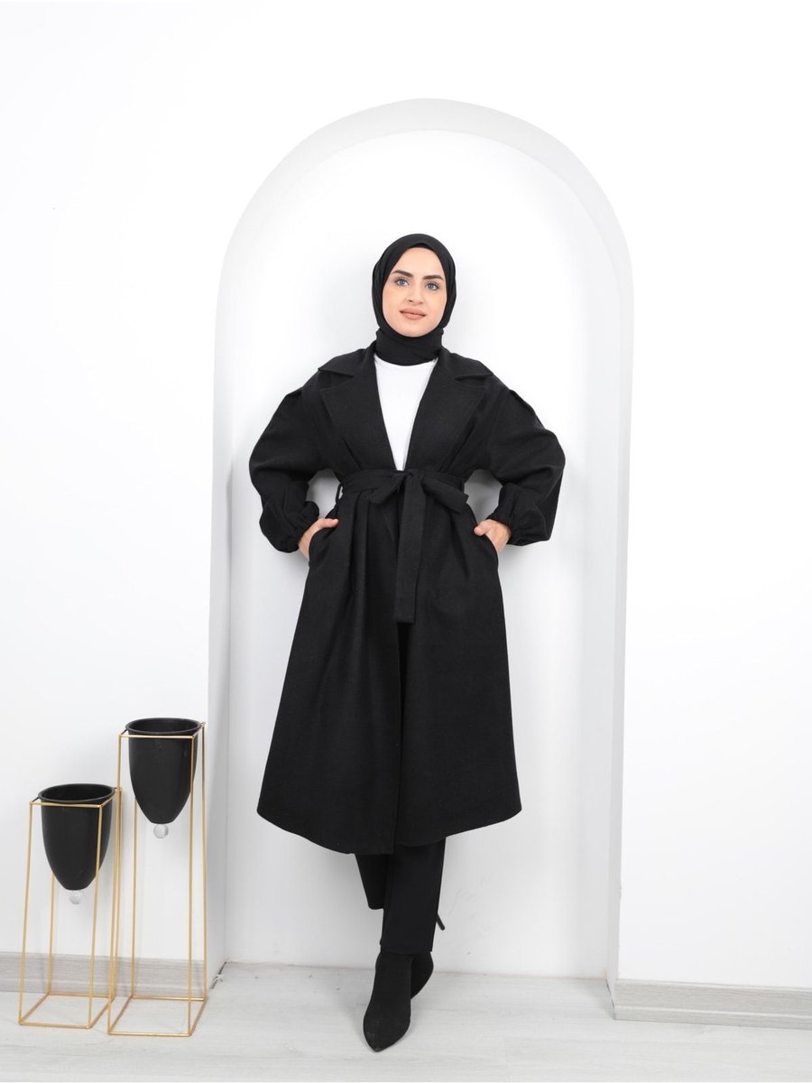 Aranlı Tekstil Kuşaklı Kolları Büzgülü Kaban