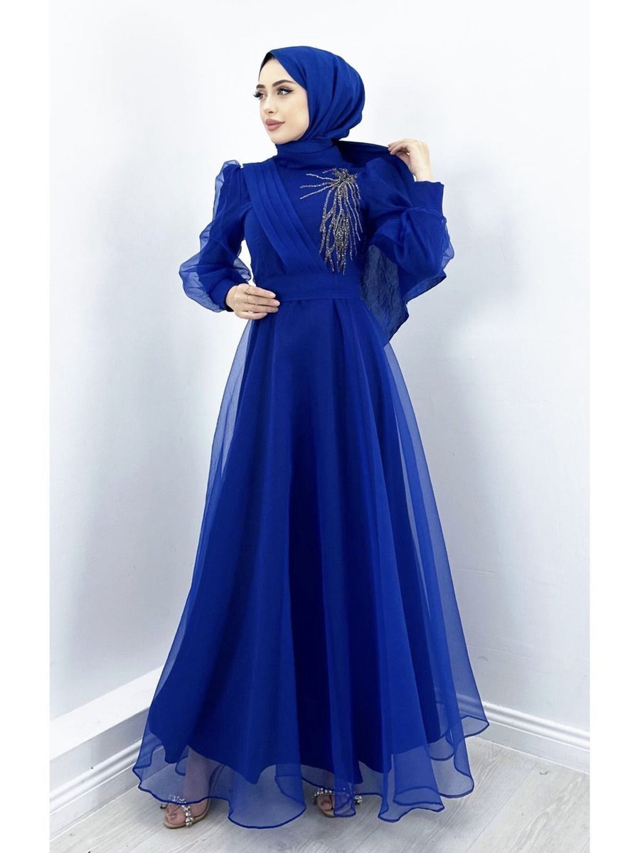 Merveplume Omuz Taş Işlemeli Abiye Elbise Organze Tül Kuşak Detaylı Tasarım Moda Düğün Şıklığı – Saks