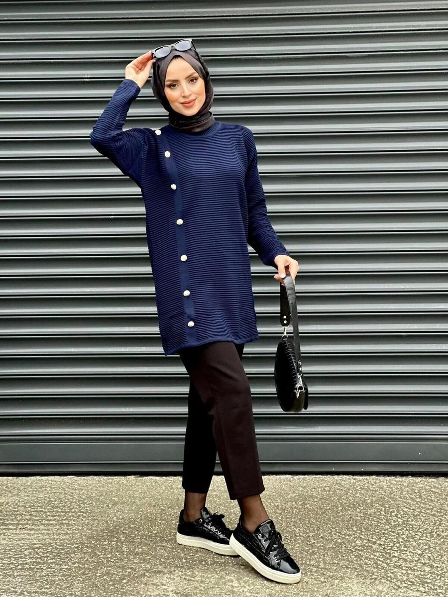 Nergis Neva Butik Lacivert Top Düğmeli Triko Tunik