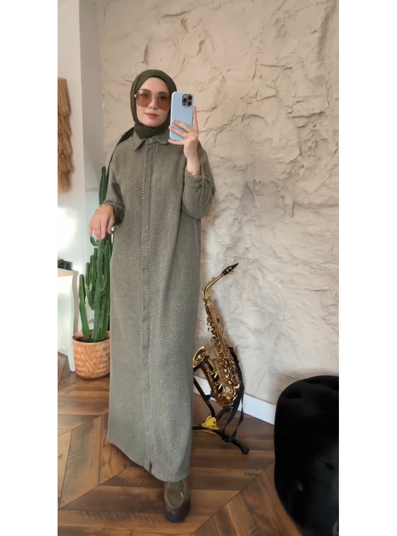 Mevra Haki Balık Sırtı Desen Gömlek Elbise