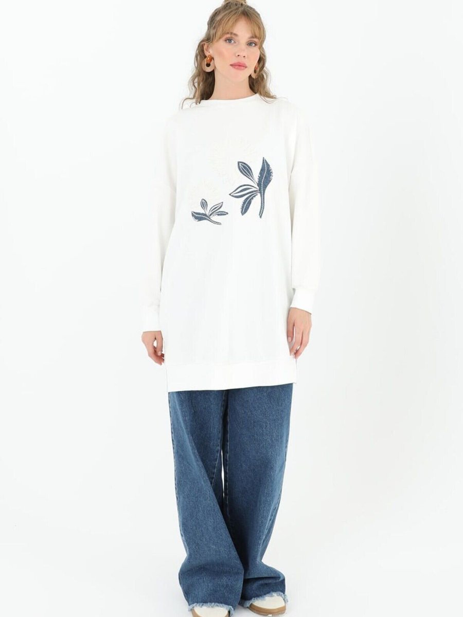 Puane Ekru İki İplik Kumaş Kot Garnili Sweatshirt