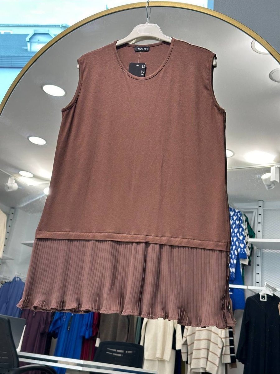 She Olive Piliseli Viskon İçlik Tunik Kahverengi