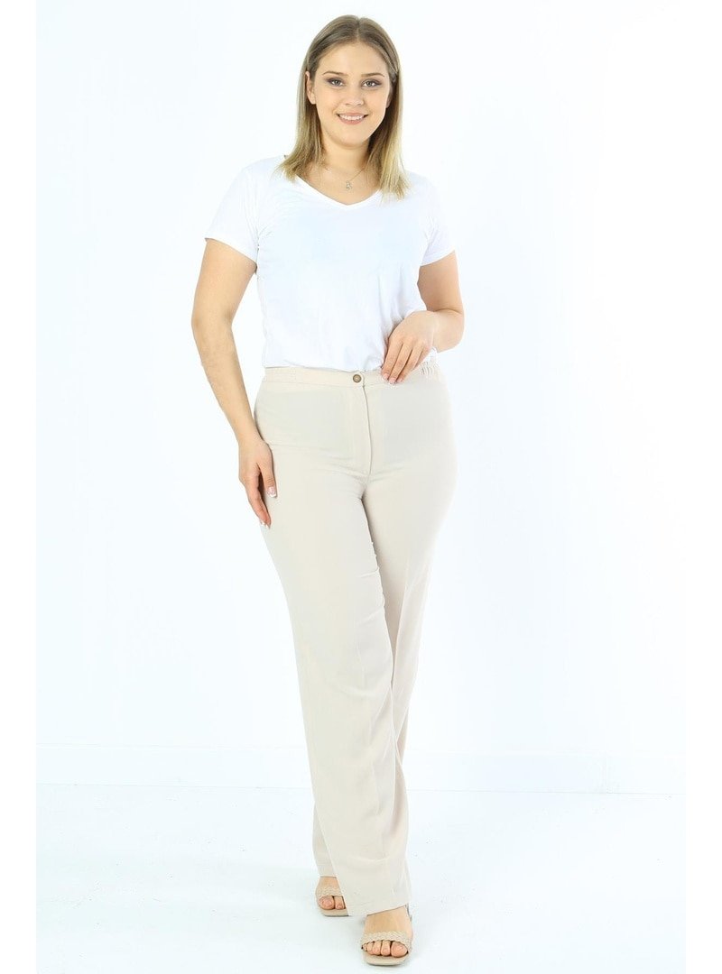 Ladies First Bej Arıkan Büyük Beden Krep Bol Paça Pantolon