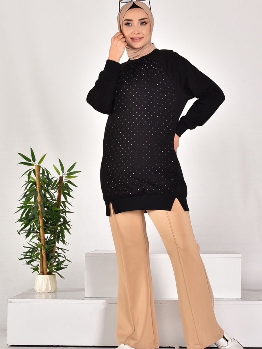 Puane Siyah İki İplik Kumaş Önü Taş Baskılı Sweatshirt