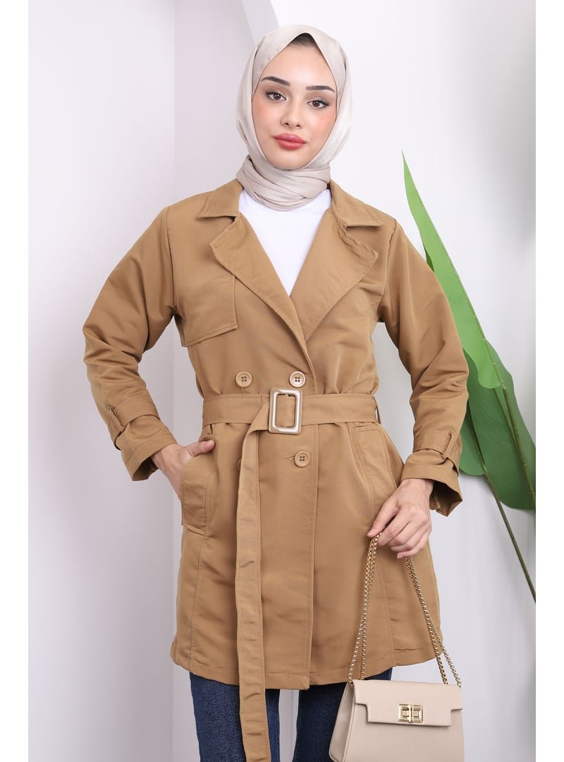 İmaj Butik Camel Cepli Bel Kuşaklı Kısa Trençkot