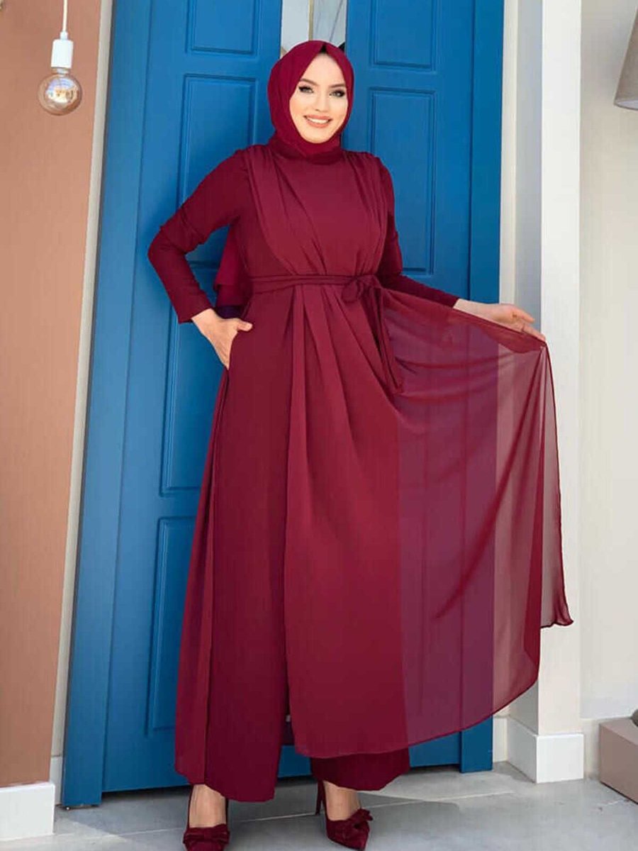 Bym Fashion Şifon Pelerin Detay Bel Kuşaklı Tulum Bordo