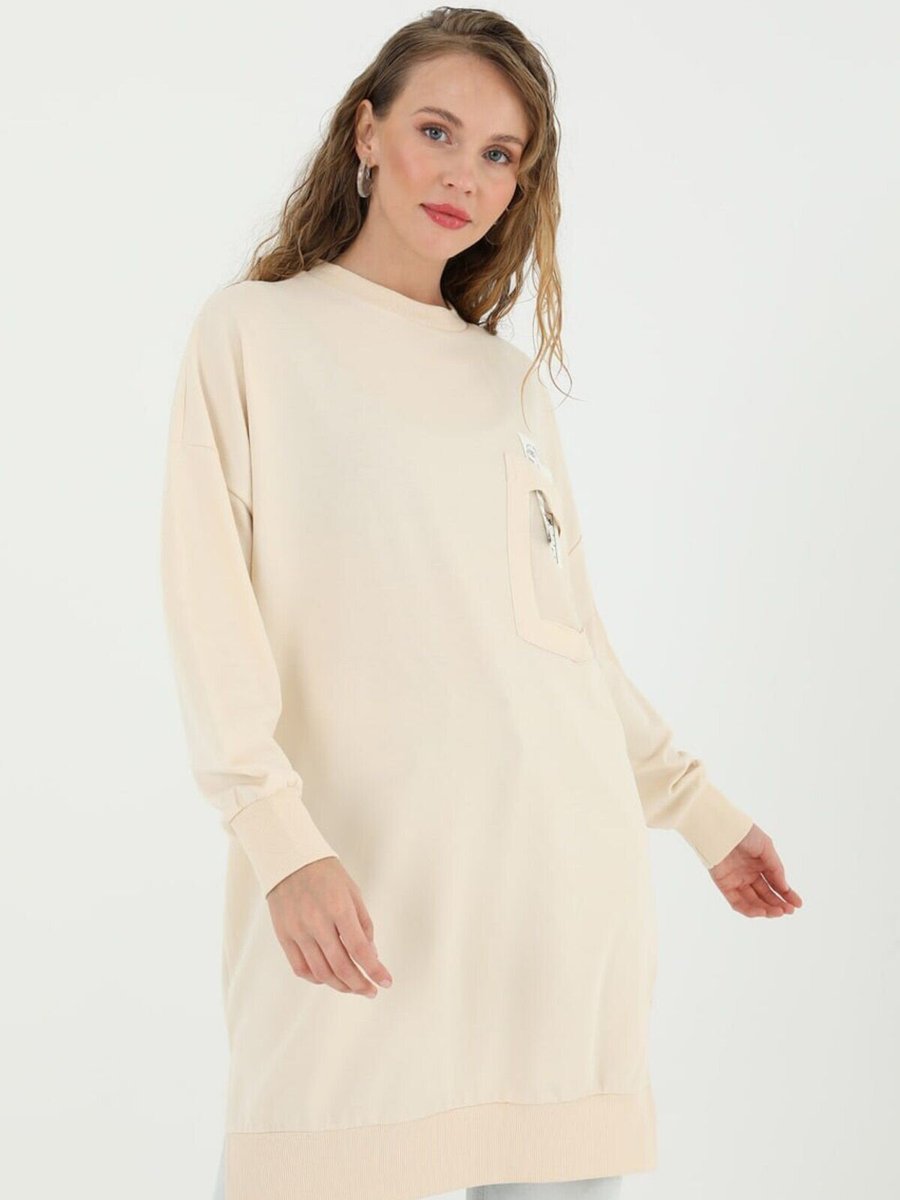 Puane Gri İki İplik Kumaş Cep Ve Yazı Detaylı Sweatshirt