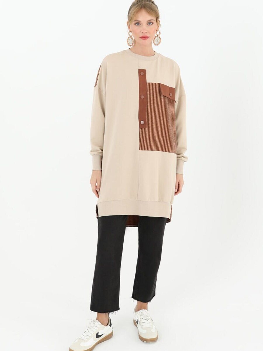 Puane Gri İki İplik Kumaş Düğme Ve Detaylı Sweatshirt